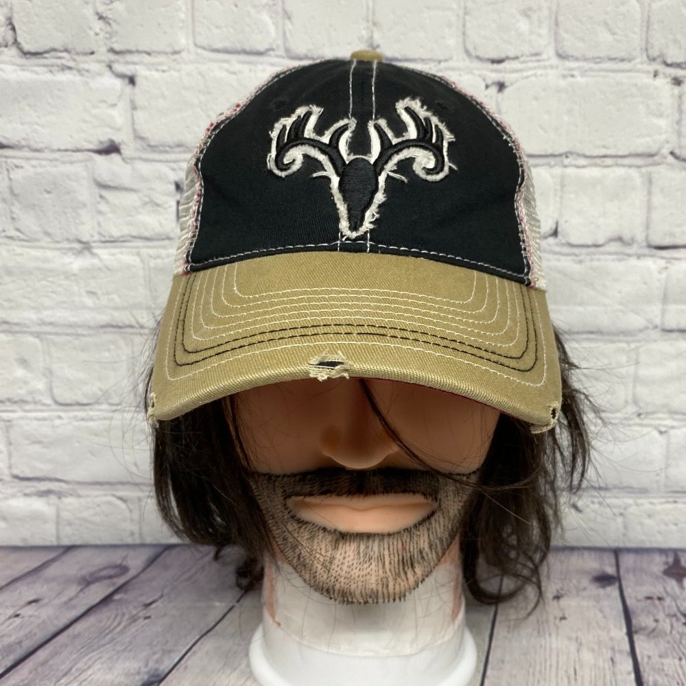 Black Antler Distressed Hat Cap Strap Back Brown Black White Mesh Embroidered